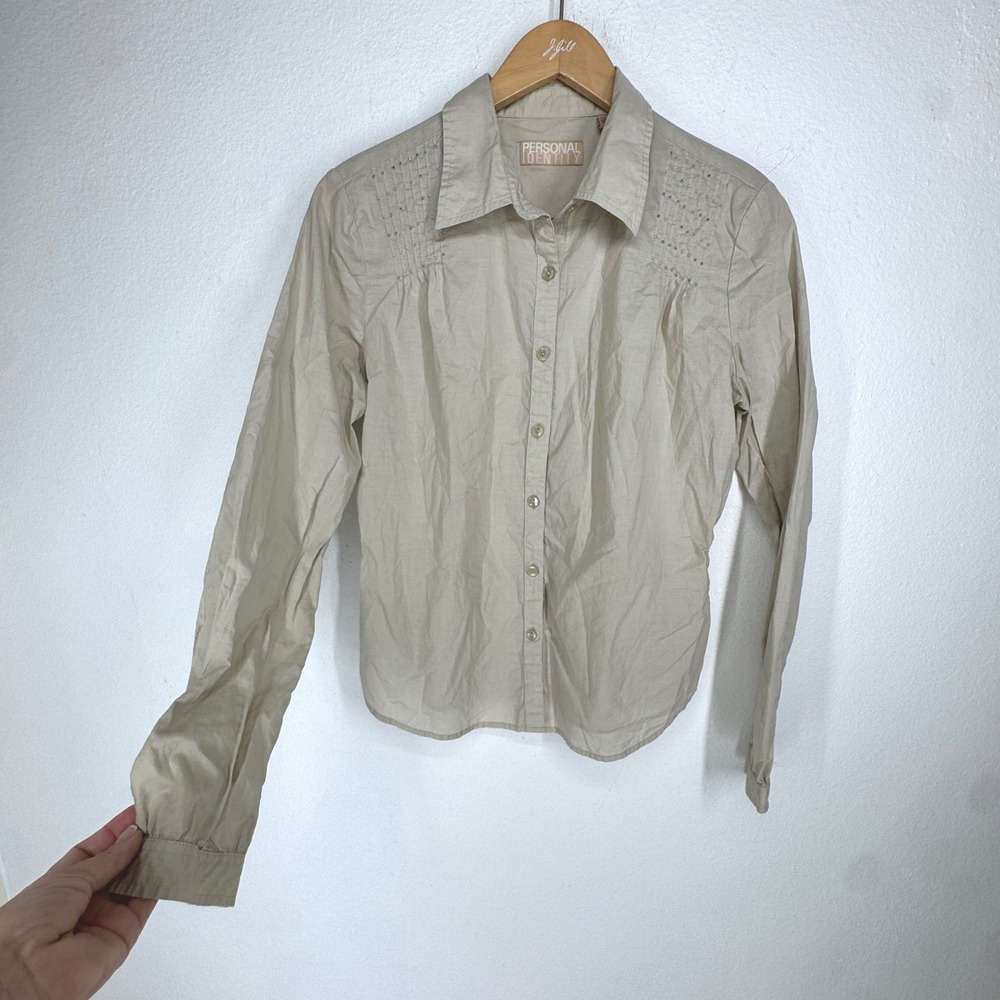 Vintage Beaded Cotton Button Shirt Pintuck Size L Tailored Fairy Grunge Dainty